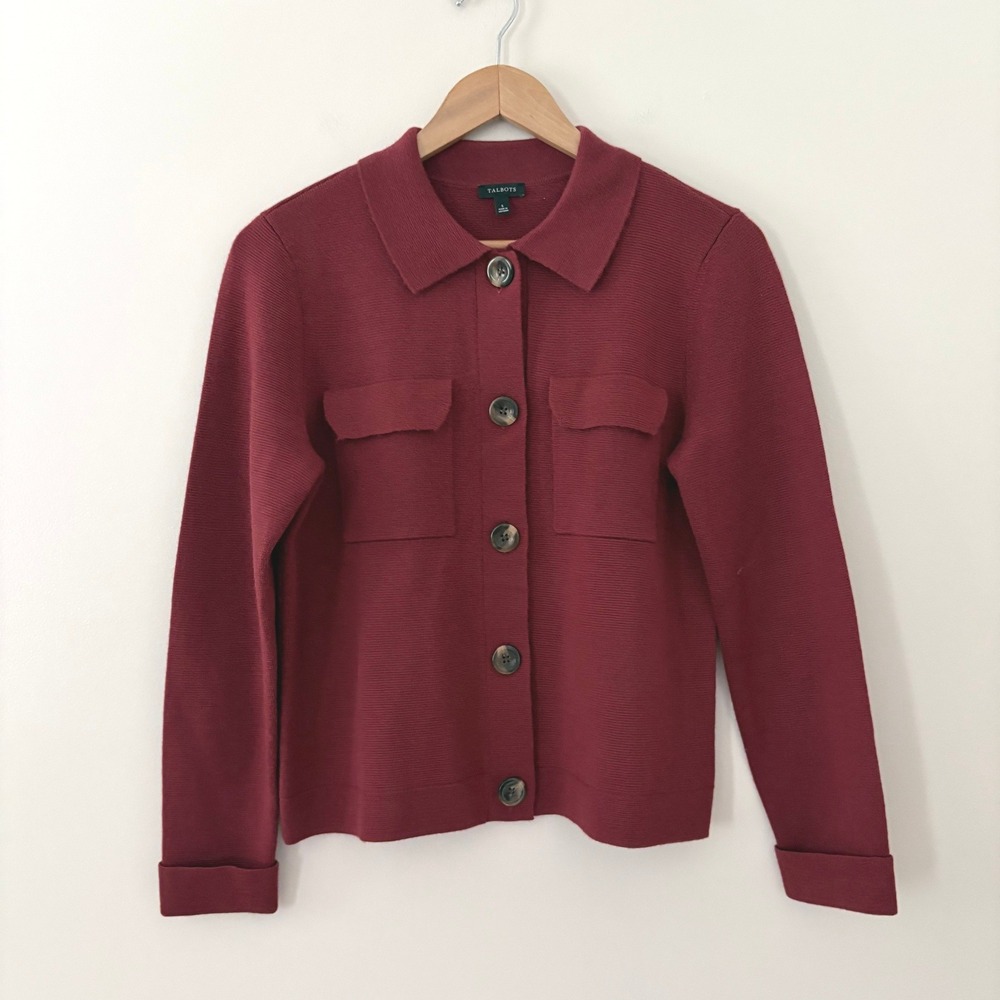 Talbots Cardigan Jacket S Burgundy Red Wool Blend Button Front Shacket Pocket - Picture 9 of 9